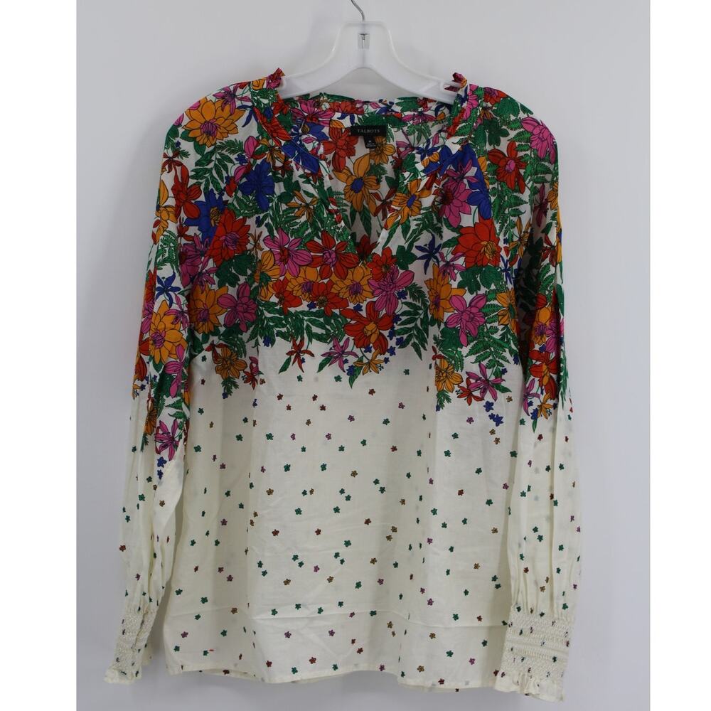 Talbots Medium Blouse Floral Long Sleeve Ruffle V Neck Multi Lightweight